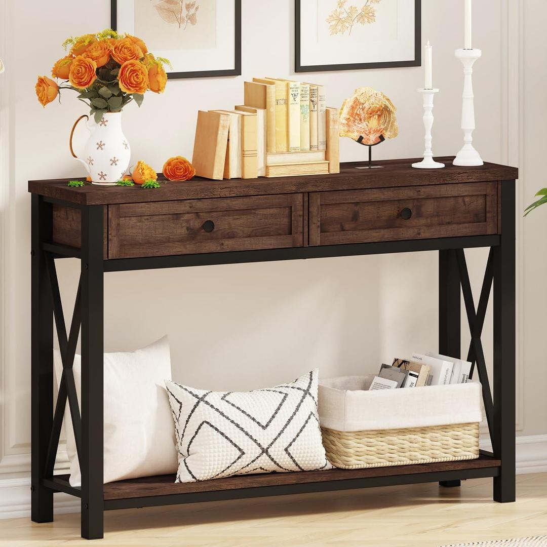 BON AUGURE Console Table with 2 Drawers, Entryway Tables with Storage, Sofa Table Behind Couch for Living Room, Farmhouse Entry Tables for Hallway, Foyer, Front Door (Rustic Oak, 47 Inch)