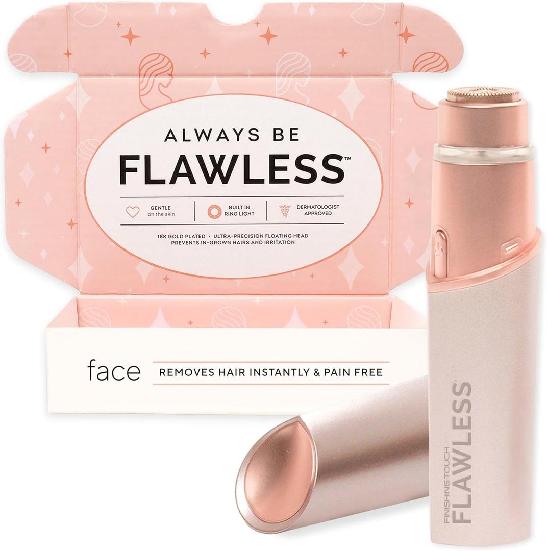 Finishing Touch Flawless Facial Hair Remover for Women, Rose Gold Electric Face Razor with LED Light, Recyclable Packaging