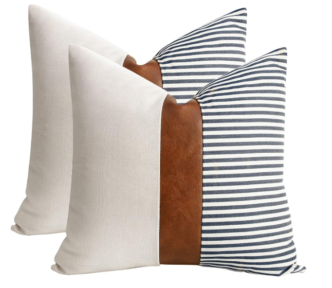 Set of 2 Farmhouse Decor Stripe Patchwork Linen Throw Pillow Covers,Modern Dark Brown Faux Leather Accent Pillow Covers 18x18 inch,Navy Blue