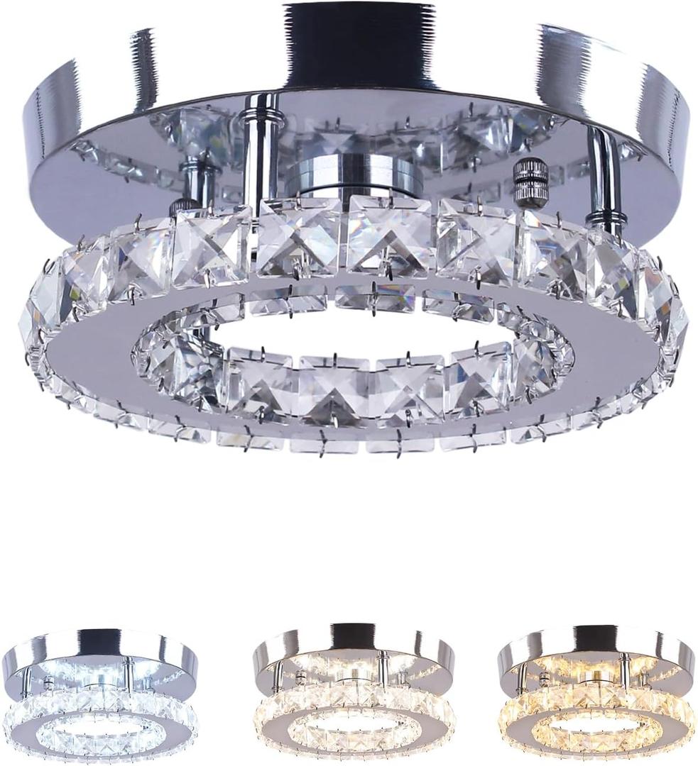 Modern Mini Led Crystal Chandelier Semi Flush Mount Crystal Pendant Ceiling Light for Bedrooms Dinning Rooms Hallway (Multicolor) (Round Multi-colored)