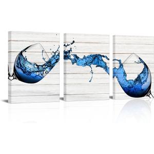 Biuteawal 3 Panel Blue Wine Wall Art Kitchen Wall Decor Cool Flowing Wine on Wooden Background Picture Painting on Canvas Food Artwork Prints Modern Home Dining Room Restaurant Bar Decoration Framed