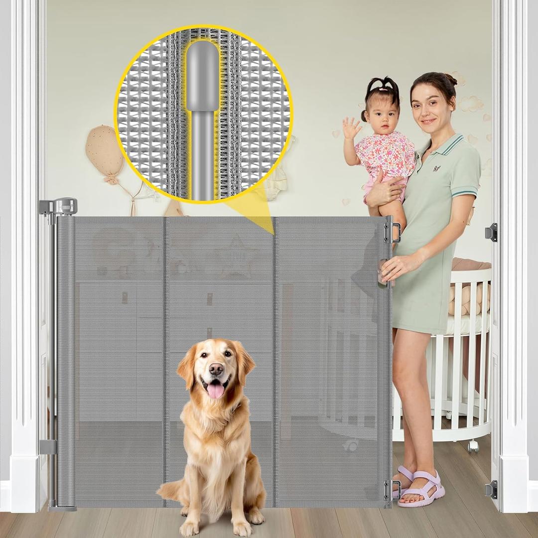 Reinforced 42” Extra Tall Pet Gate for Doorways, Extends up to 60” Wide, Extra Tall Retractable Baby Gates with Rods to Prevent Crawling Through Retractable Mesh Dog Gate Indoor Outdoor, Gray