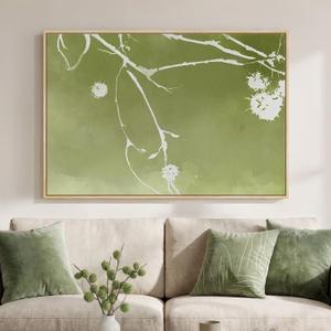 Framed Green Abstract Botanical Wall Art, Modern Minimalist Sage Green Canvas Prints Paintings for Walls, Rustic White Branch Pictures Wall Decor for Living Room Bedroom Dinning Room Office, 24x36 In