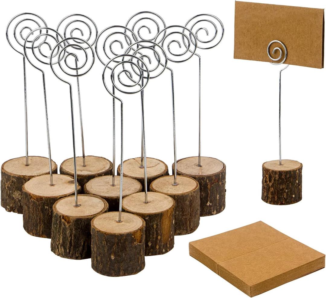 20 Pcs Wood Place Card Holders, Rustic Wood Table Number Holders Stands and 30 Pcs Kraft Place Cards, Wooden Name Cards Photo Holders for Wedding Party Sign Food Cards Label