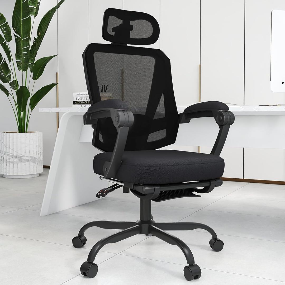 Ergonomic Office Chair with Footrest, High Back Swivel Mesh Desk Chair, Big and Tall Rolling Computer Chair with Headrest, Lumbar Support, 3-Level Tilt Backrest for Home, Bedroom, Work (Black)