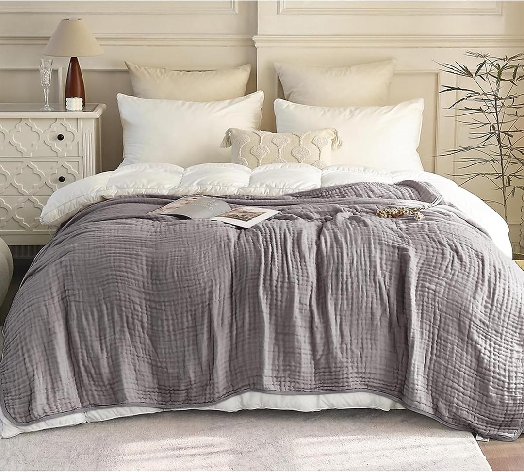 SANACYNA Muslin Blankets 100% Cotton 6-Layer Gauze Gray Grid Bed Blanket Lightweight Soft and Breathable King Blanket for Sofa Couch Bed Coverlet Both Sides (Grey, King 90" X 104")