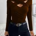 Womens Sexy Long Sleeve Cutout Tops Criss Cross V Neck Slim Fitted Spring Fall Casual Trendy Shirts (Brown, XS)