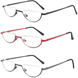 Half Moon Reading Glasses Anti Blue Light UV, Half Frame Semi Lens Slim Spring Hinge Readers with Case for Men Women (3 Pairs- Black / Gunmetal / Red)