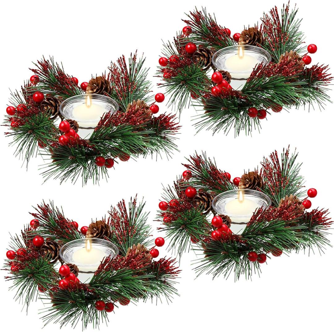 Dingion 8 Pieces Christmas Candle Candle Rings Set, 4 Christmas Votive Taper Holders Berry Ring with Pinecones and 4 Votive Taper Holders for Wedding Decor
