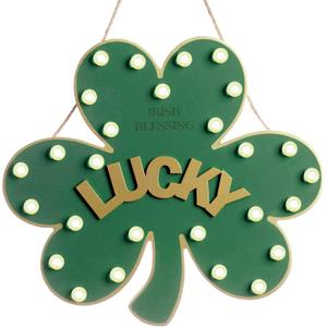 Lighted Holiday Wall Hanging Decor, St. Patricks Day Shamrock Green Wreath, Lucky Irish Blessing Front Door Sign with LED Lights, Wooden Spring Wreath for Home Wall & Door Decoration Party