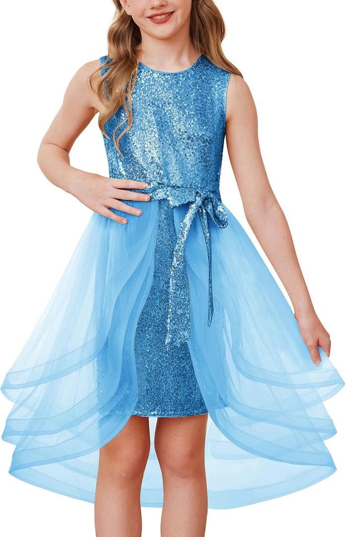 GRACE KARIN Girls Sequin Party Dress Size 14 Formal Flower Girls Fashion Birthday Pageant Banquet Dress Light Blue