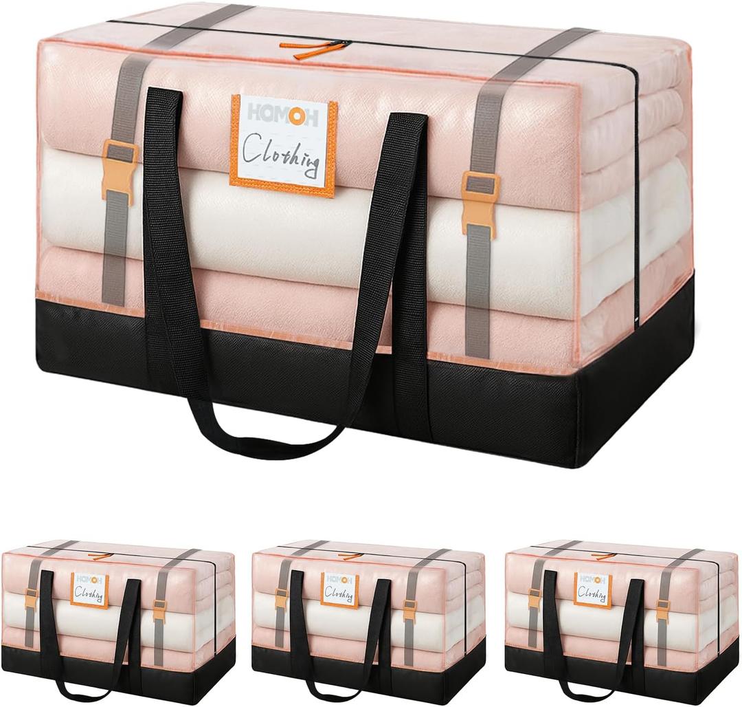 4 Pack Large Moving Bags, 115lb Capacity Heavy Duty Moving Totes with Wrap Around Handles, Clear Storage Bags with Internal Compression Straps, Alternative to Moving Boxes -103L,Clear and Black