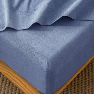 MooMee Fitted Bottom Sheet Only 100% Washed Cotton Linen Like Textured Breathable Durable Soft Comfy Deep Pocket Fits Mattress up to 17" (Blue, King)
