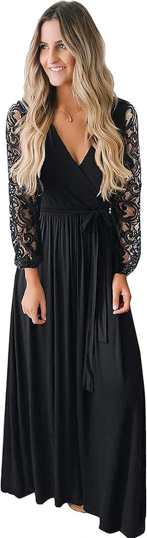 Kranda Womens Vintage Floral Lace Long Sleeve Faux Wrap V Neck Party Long Maxi Dress (Large, Black-1)