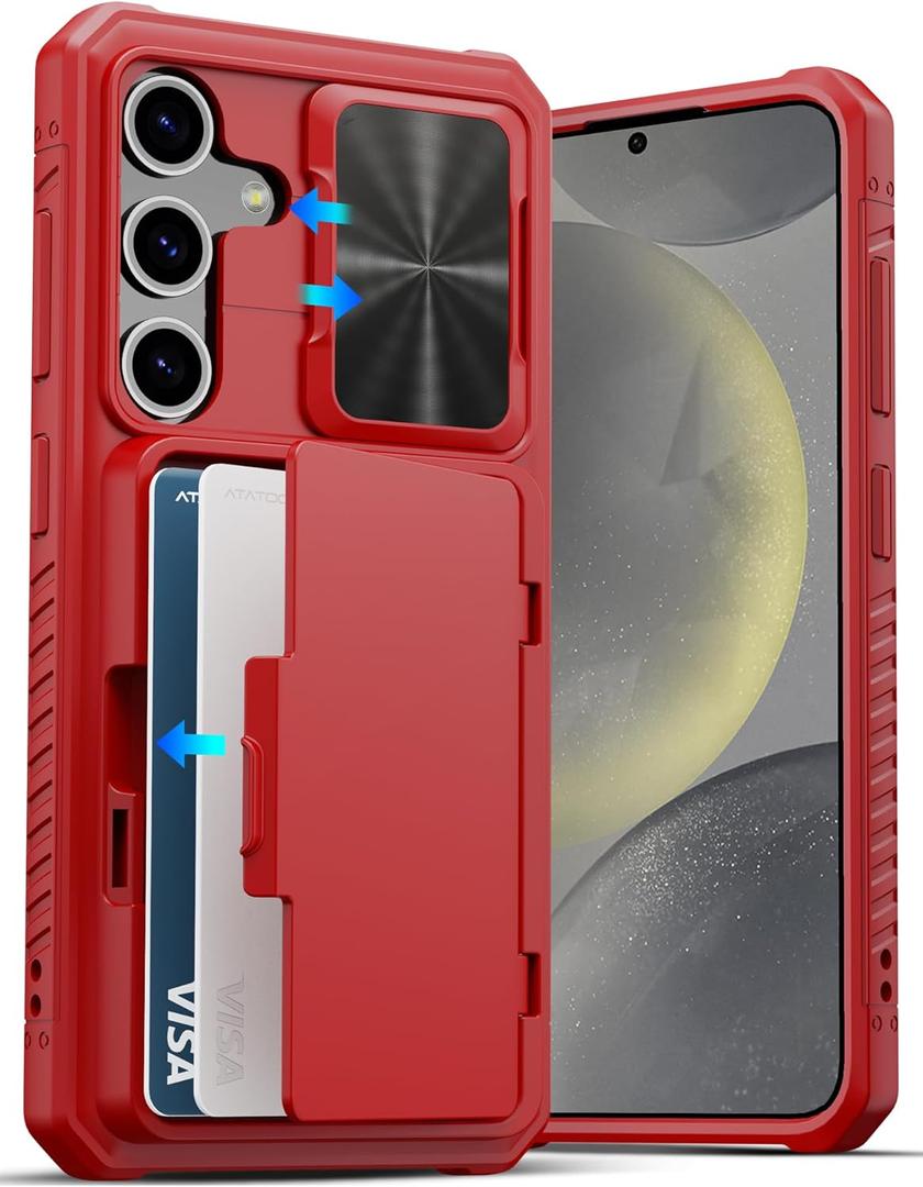 ATATOO for Samsung Galaxy S24 Case with Card Holder (Store 4-5 Cards) & Slide Lens Cover & Kickstand, [Military Grade Drop Protection], Hard Silicone Wallet Case for Samsung S24 6.2" 2024, Red