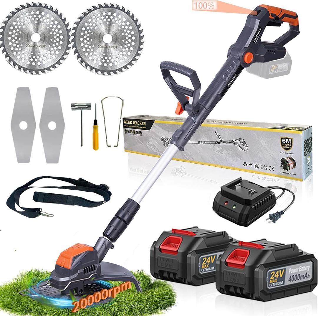 Cordless Weed Wacker, Electric Weed Trimmer Eater 24V 4.0Ah Battery Powered, Powerful 1300W Motor 2-in-1 Brush Cutter & Grass Trimmer for Lawn/Yard/Garden (Gray)