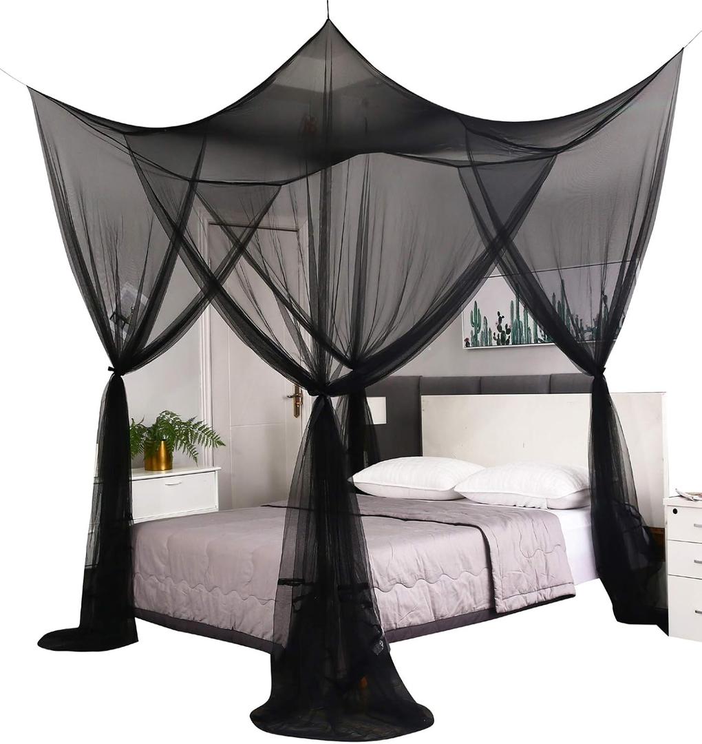 Mengersi Bed Canopy, Canopy Bed Curtains Bed Drapes for Full Queen King Size Bed, Mosquito Net Bed Curtains for Patio Indoor Outdoor Net, Black Bed Canopy Curtains for Gothic, Halloween Decoration