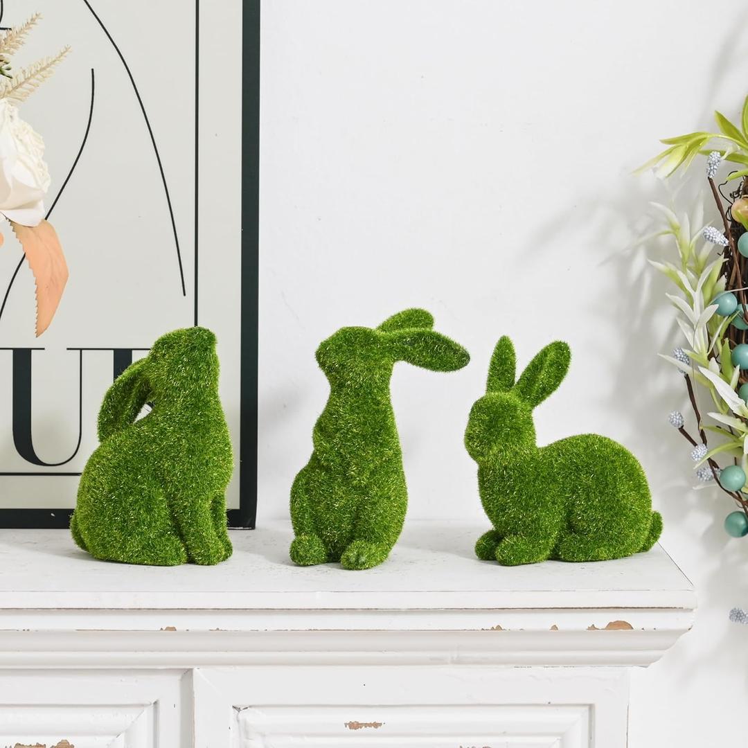 Resin Flocked Bunny Figurines Set of 3, Artificial Green Moss Bunnies for Easter Decor, Small Decorative Rabbit Statues for Home Decor, Spring Tabletop Centerpiece, Outdoor Decorating