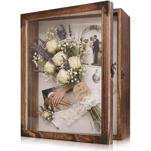 Shadow Box Frame 11x14 with Retro Metal Accents and Lock, Solid Wood Acrylic Door Display Case with Linen Back, 10 Stick Pins, and 2.7-Inch Depth for Photos, Medals, and Memorabilia (Medium)