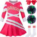 Girls Cheerleader Costume Outfit Halloween Cheer Uniform Dress Up with Accessories (Medium(5-6 T), Rose Red)