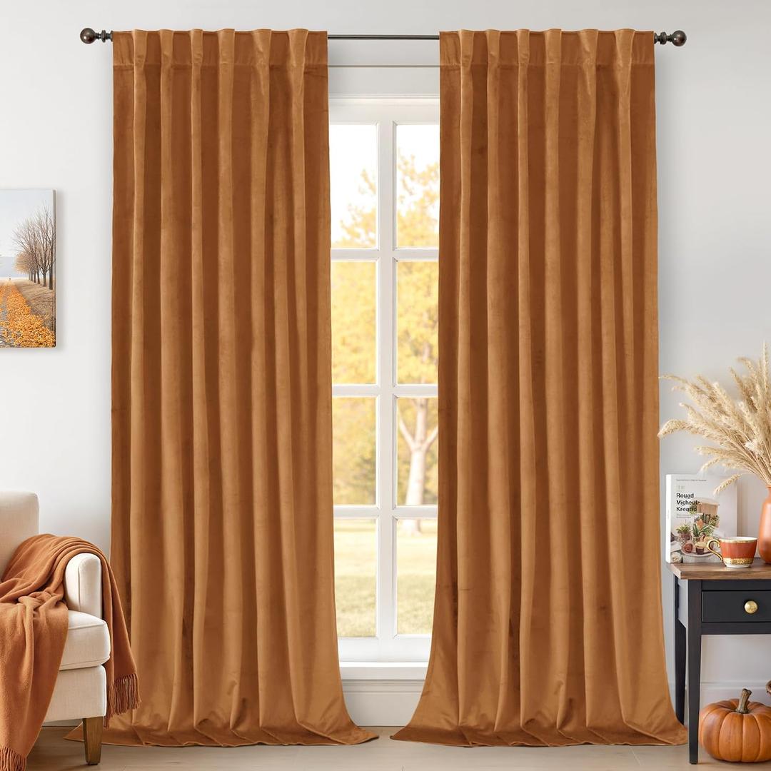 BGment Orange Velvet Curtains for Living Room - Thick Blackout Thermal Insulated Fall Decor Super Soft Rod Pocket and Back Tab Window Curtains for Bedroom, Set of 2 Panels, 52 x 102 Inch, Orange Brown
