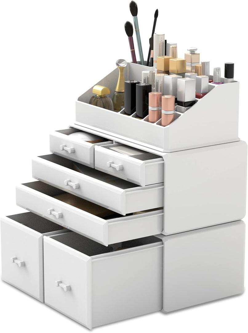 READAEER Makeup Organizer 3 Pieces Cosmetic Storage Case with 6 Drawers (White)