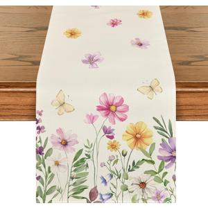 Artoid Mode Flowers Butterfly Summer Table Runner, Seasonal Spring Kitchen Dining Table Decoration for Home Party Decor 13x90 Inch (Beige)