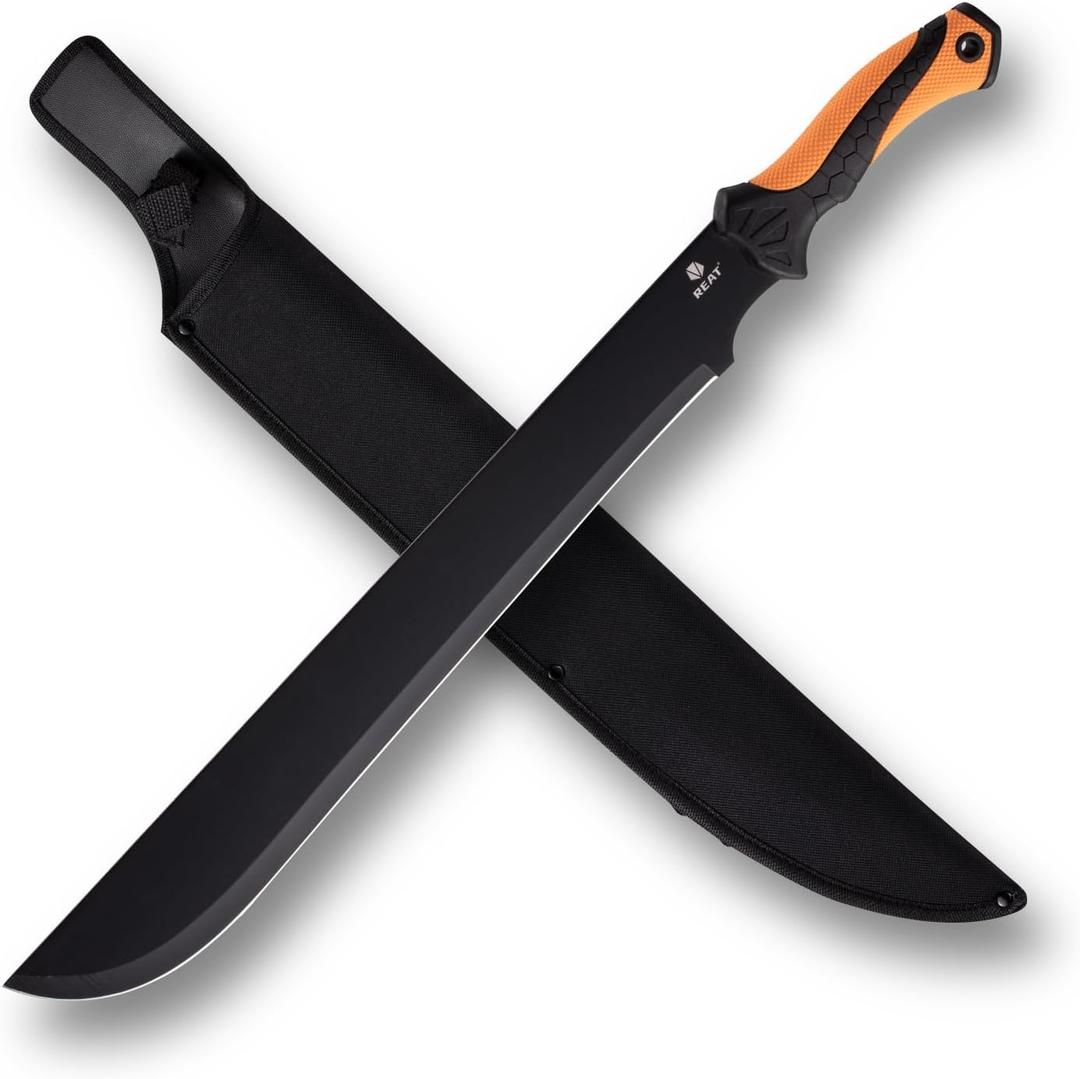 REAT Gardening Heavy Duty Machete,24" Full Tang Machete with Shaeth, Ergonomic No-Slip Handle, Machetes for Bushcraft, Outdoor Hunting, Garden Cutting Trees and Yard Work (Orange)