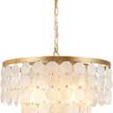 Shell Chandelier, White and Gold Chandelier Light Fixture with 4 Lights Capiz Seashell Pendant for Foyer,Kitchen Island,Entryway,Dining Room (18" Coastal Chandeliers)