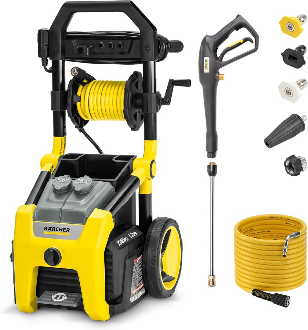 Krcher Pressure Washer K2300PS, CETA Certified, 4 Spray Nozzles, Detergent Tank, Hose Reel, for Cars, Driveways, Siding, Patios, 1.2 GPM