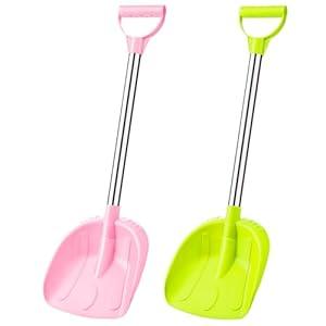 Leriton 2 Pcs Kids Snow Shovel with D Grip Handle Plastic Snow Shovel with Stainless Steel Handle 23.6 Inch for Boys Girls Outdoor Yard Garden Driveways Emergencies Removal(Green, Pink)
