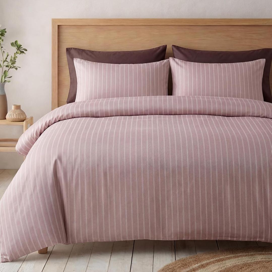 Bedbay Dusty Rose Striped Duvet Cover Set Queen Size, 100% Cotton Sateen Bedding Set, 300TC Soft Minimal Hotel Style Comforter Cover 3 Pieces for All Seasons