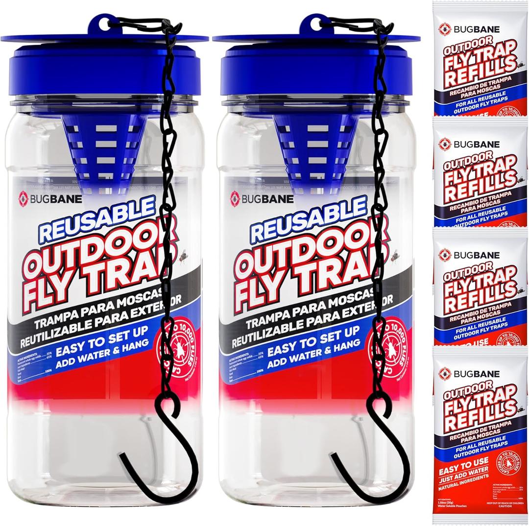 2 Fly Traps Outdoor Fly Trap for Patio with 4 Non-Toxic Dissolvable Bait Refills. Reusable Hanging Bug Catcher Killer for All Filth Flies for Outside Bug Control Yard Ranch. Hanging Chains Included