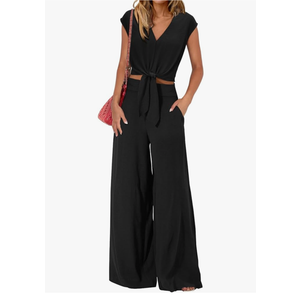 Fashion Women's Summer 2 Piece Outfits Cap Sleeve Strappy Crop Top Wide Leg Pant Sets Casual Tracksuit Lounge Wear 2025 M