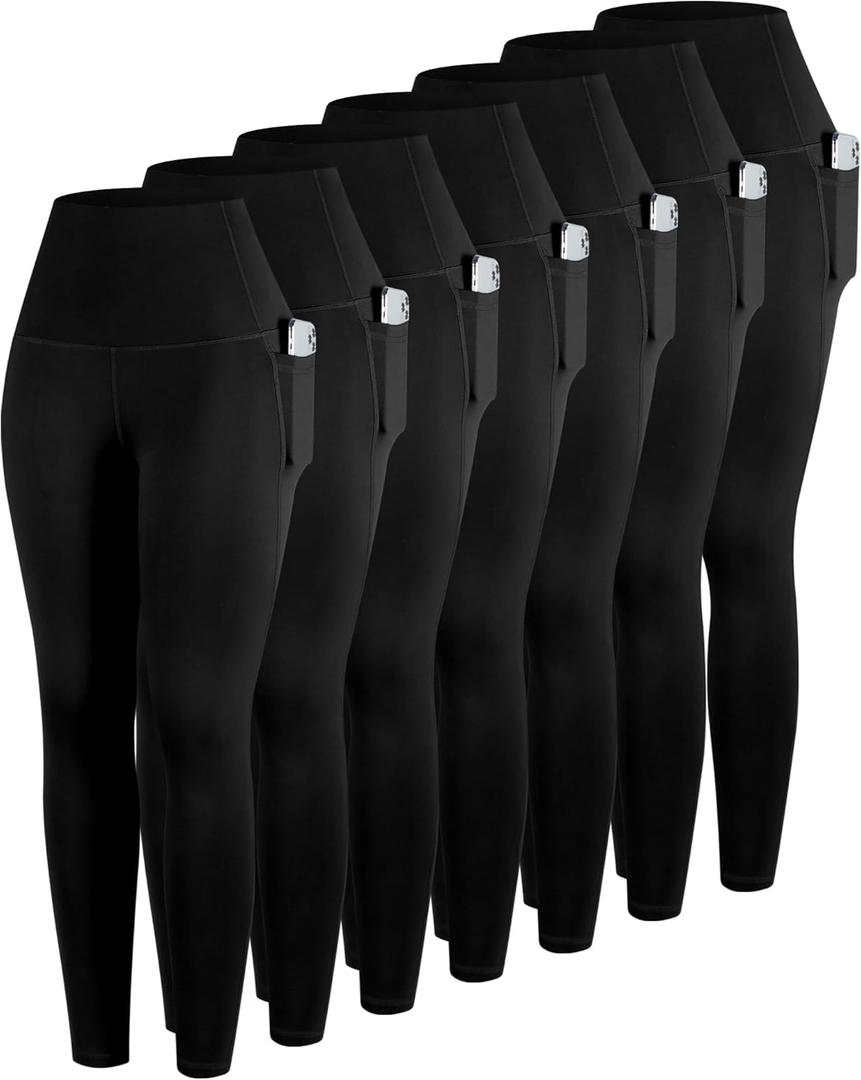 ATHVOTAR Leggings with Pockets for Women, 7 Packs High Waisted Workout Tummy Control Yoga Pants (Large)