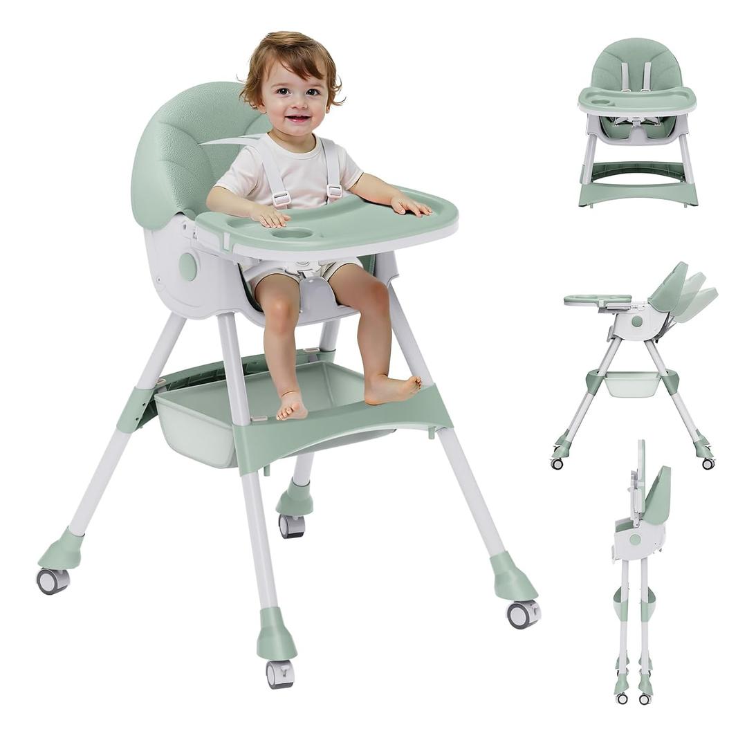 High Chairs for Babies and Toddlers, 4 in 1 Convertible Baby High Chair, Portable High Chair for Travel with Adjustable Height and Back, Foldable HighChair with Wheels& Pu Cushion