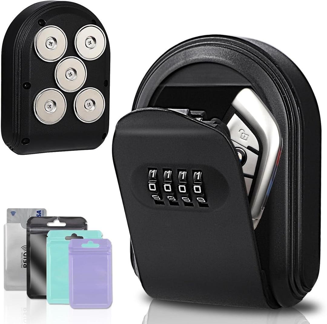 Secure Magnetic Key Holder for Cars  5 Strong Magnets Anti-Drop Lock Box, Hide a Key Under Car with Resettable Code, Waterproof & Dustproof Design for Outdoor (Black)