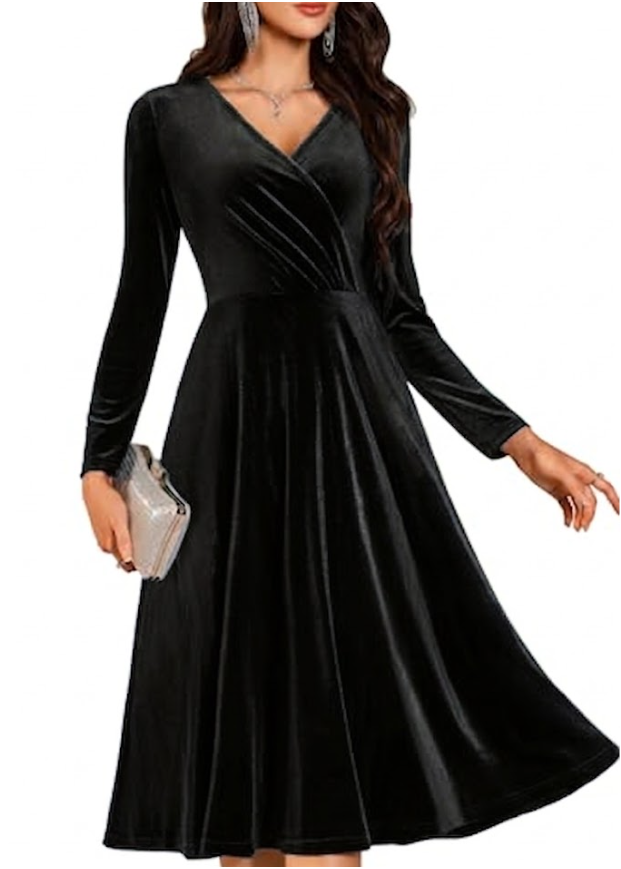 BeryLove Velvet Cocktail Party Formal Dress Long Sleeve Winter Wedding Guest Dresses (Large, Black)