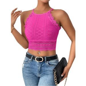 WDIRARA Women's Eyelet Halter Crop Top Lace Embroidery Slim Fitted Tops (Pink)