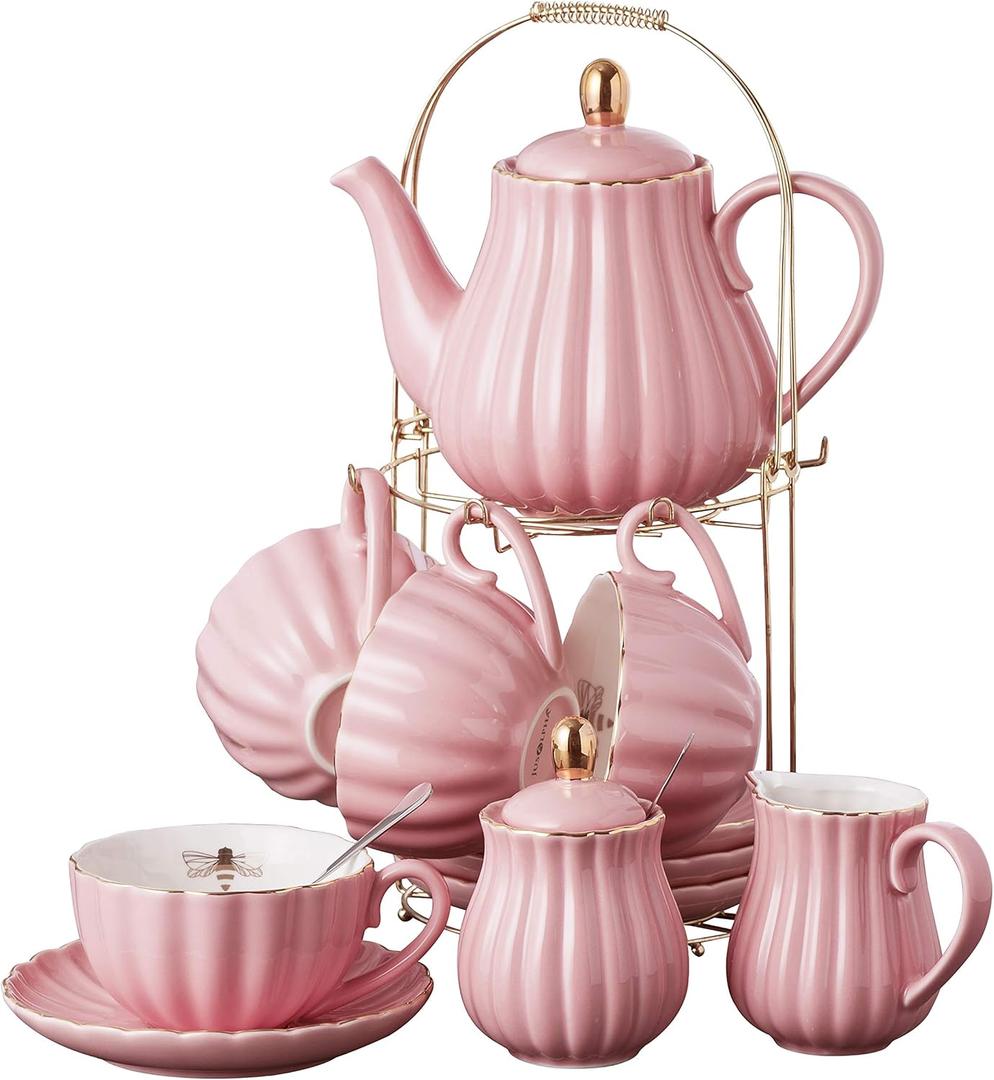 Jusalpha Fine China Pink Coffee Cup/Teacup Set, 8 OZ Cups& Saucer Service for 4, with Teapot-Sugar Bowl-Cream Pitcher Teaspoons and tea strainer for Tea/Coffee, 17-Pieces (TW Full set) (Serve of 4)