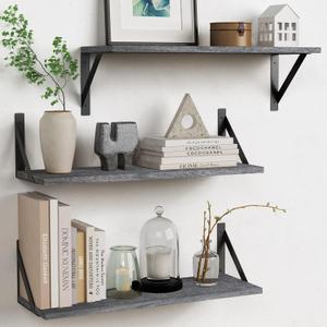 Forbena Gray Floating Shelves Wall Mounted Bookshelf Set of 3, 24 Inches Long 8 Inch Deep Wall Shelves for Bedroom, Bathroom, Living Room, Laundry Room, Kitchen, Office, Closet (Rustic Grey)