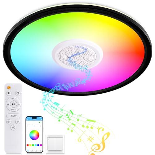 UprizeP RGB LED Ceiling Light, with Bluetooth Speaker, 24W 11Inch Smart Music Ceiling Lamp with App and Remote Control, 3000K-6500K Color Changing Lights Fixture for Child Bedroom Bathroom, Black 
