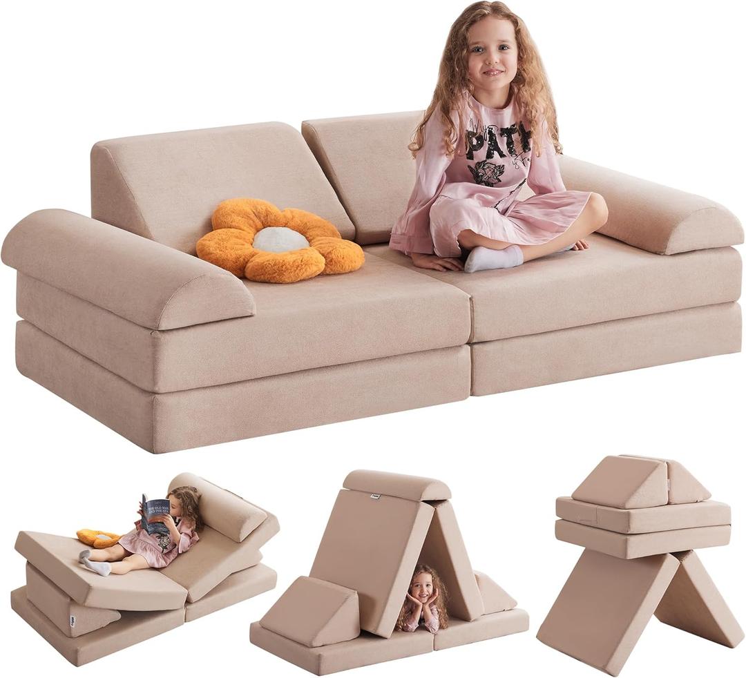 Kids Couch Play Couch Large, Miss Fabric Modular Foam Floor Sofa Soft Play Equipment, Convertible Sofa Bed and Playhouse (Beige)