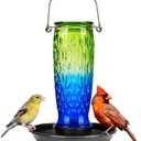 Kingsyard Bird Water Feeder for Outside, 24 Ounce, Glass Bird Water Dispenser with Metal Hanging for Garden Yard Outside Decoration, Green & Blue