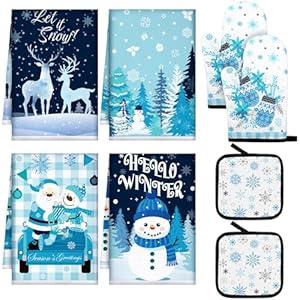 Bencailor 8 Pcs Christmas Snowman Kitchen Towel Pot Holders and Oven Mitts Set Winter Reindeer Kitchen Decor Dish Towels Farmhouse Oven Mitts Potholders for Xmas Cooking Baking Grilling Supply