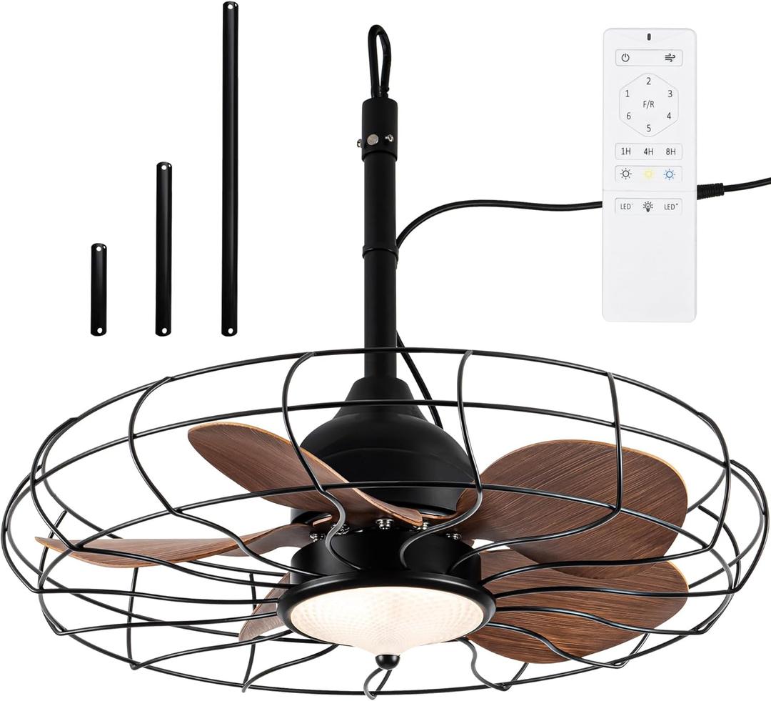 NORFOLK Outdoor Ceiling Fans with Light, 24'' Wet Rated Gazebo Fan and Remote, 2024 Updated IP65 Plug in Cord for Pergola, Patios and Canopy, 3 Color Led Lighting (Hook Installation)