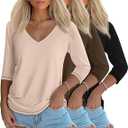 Ficerd 3 Pack Women's 3/4 Length Sleeve T Shirts, V Neck Tops Loose Fit Blouses Casual Tees 2026 Fashion Clothes, Size L, Two blacks T-shirts And One Tan T-shirt