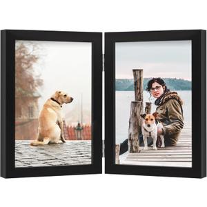 FOREV 5x7 Double Picture Frame Wooden Hinged Photo Frame Definition Glass Stand Vertically on Desktop or Tabletop Black