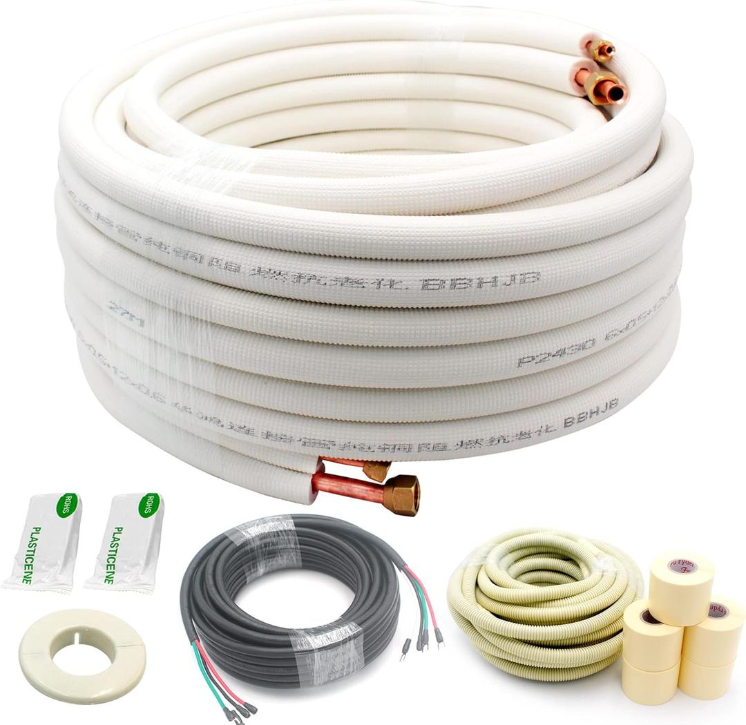Mini Split Line Set,3/8" 5/8" OD Copper Pipes Tubing and 3/8 White PE Thickened Insulated Coil with Flared Nuts for Mini Split Air Conditioner HVAC or Heat Pump System (33FT(3/8+5/8) with wires)
