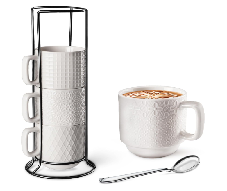 SPIPER Large Coffee Mug Set of 3 with Stand and Spoons – 14oz Heavy Duty Ceramic Cups for Breakfast Coffee, Hot Drinks, Cocoa – Microwave & Dishwasher Safe – Big Porcelain Mugs Gift for Home Use